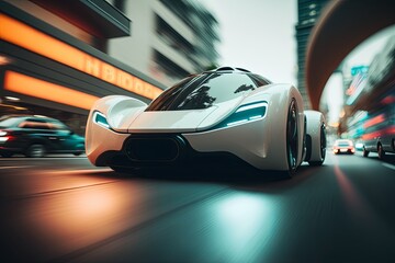 The future of electric autonomous taxi transport. running on the city. generative AI digital illustration