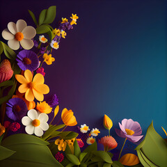 Beautiful Flowers Corner Composition with Copy Space on Dark Blue Green Background, created using Generative AI