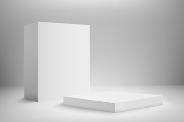 Abstract 3D realistic white empty square podium. Minimal scene for product display presentation. Award ceremony concept. Abstract scene with podium
