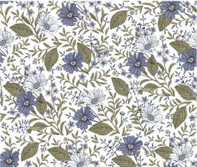 Seamless pattern. Chamomile Daisies garden wildflowers Blooming realistic isolated flowers Vintage background fabric. Wallpaper baroque Drawing engraving sketch set Vector victorian illustration retro