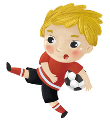 cartoon scene with kid playing running sport ball soccer football - illustration for children