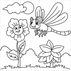 Funny dragonfly cartoon characters vector illustration. For kids coloring book.