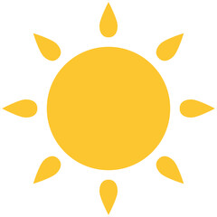 Sun icon, yellow color hot summer flat style vector design. Sunlight, nature, sky object illustration symbol isolated on white background.