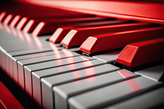 Image of red piano keys up close. Generative AI
