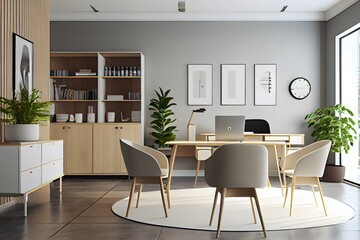 A contemporary, light colored office environment with furniture and accessories is shown. Concept of the workplace and communication. Generative AI