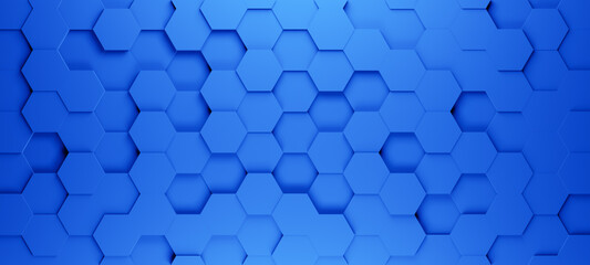 Hexagonal background with solid blue hexagons, abstract futuristic geometric backdrop or wallpaper with copy space for text - obrazy, fototapety, plakaty
