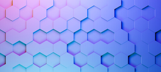 Fototapeta premium Hexagonal background with pink blue turquoise hexagons, abstract futuristic geometric backdrop or wallpaper with copy space for text