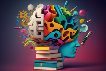 Unleashing Intelligence and Creativity: A Colorful Collage of Books, Cogs, and a Brain