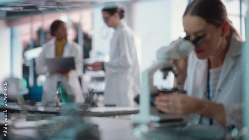 Fototapete Diverse Young Group of Engineers Working in a Startup Lab. Female Specialist Checking on Electronic Circuit Using Microscope While Two Project Managers Discuss Manufacturing Using Laptop Computer