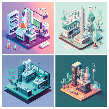 Exploring Advanced Technology: A Sterile 3D Isometric Vector Lab with Precise Equipment and Curious Scientists in Minimalist Artwork