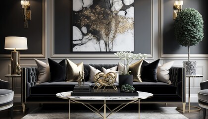 A chic and sophisticated living room with a velvet sofa, marble coffee table, and plenty of metallic accents. The color scheme is a combination of white, black, and gold. generative ai