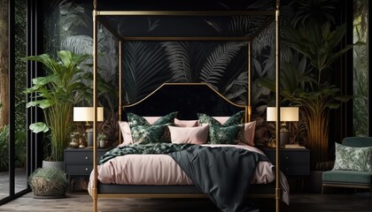 A chic bedroom with a dramatic four - poster bed and luxurious velvet bedding, set in a lush tropical garden. generative ai