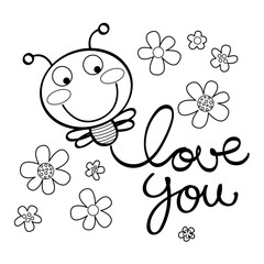 Illustration in black and white of a smiling bee forming the word love and surrounded by flowers, Vector drawing
