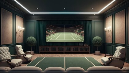 A comfortable home theater with plush seats and a big screen, located on a tennis court with a net and rackets. generative ai