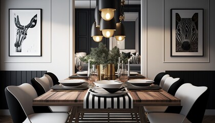 A contemporary dining room with a sleek wooden table, modern lighting fixtures, and pops of black and white. The ambiance is chic and sophisticated, perfect for hosting dinner parties. generative ai