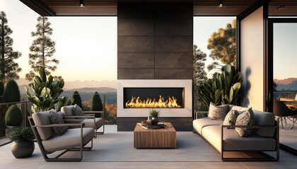A contemporary outdoor living space with a sleek gas fireplace, comfortable seating, and a stunning view. generative ai