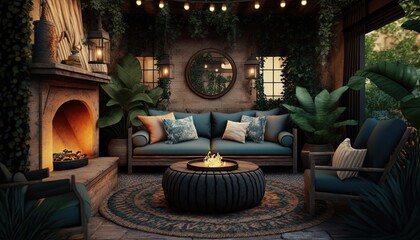 Fototapeta na wymiar An inviting outdoor lounge area with a cozy sectional and colorful accent pillows, surrounded by potted plants. generative ai