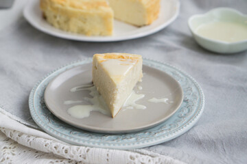 Homemade Cottage cheese cheesecake russian style zapekanka close up selective focus