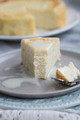 Homemade Cottage cheese cheesecake russian style zapekanka close up selective focus