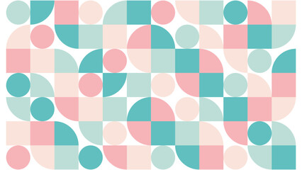 A collection of squares, filled circles and quarter circles arranged to form a unique background in pastel colors.