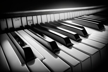 Monochrome closeup of piano keys. Generative AI