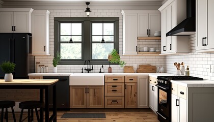 A modern farmhouse kitchen with shaker - style cabinets, subway tile backsplash, and open wood shelving. generative ai