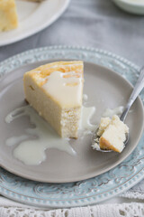 Homemade Cottage cheese cheesecake russian style zapekanka close up selective focus