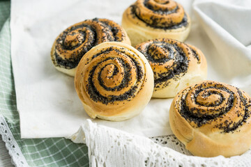 Poppy seed roll buns homa baked close up selective focus