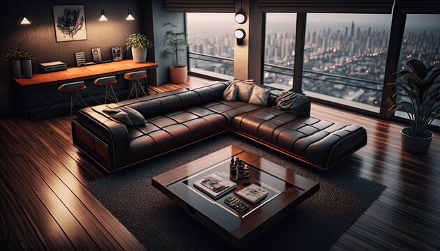 A modern living room with a leather sectional and a glass coffee table, set on a rooftop overlooking a busy city street. generative ai