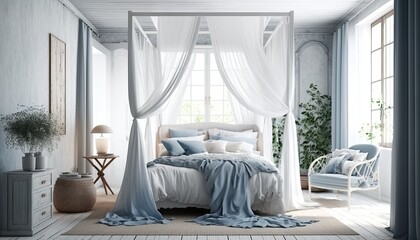 A serene and calming bedroom with a canopy bed, sheer curtains, and plenty of natural light. The color scheme is a combination of white and shades of blue, creating a peaceful atmosphere. generative a