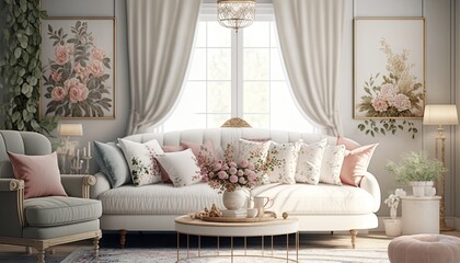 living room with white curtain and couches. comfortable and elegent.