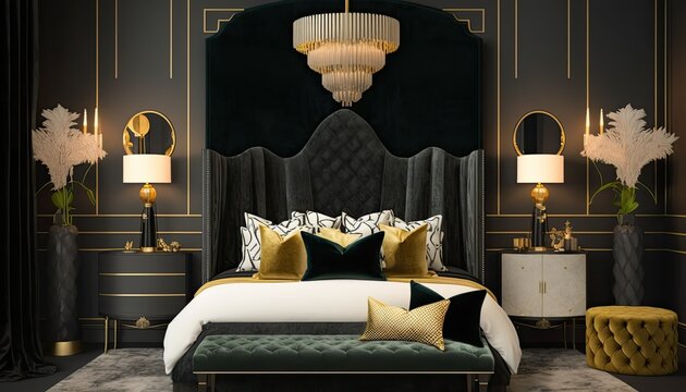 bedroom with velevet headboard and pillows with a very beutiful set up. generative ai