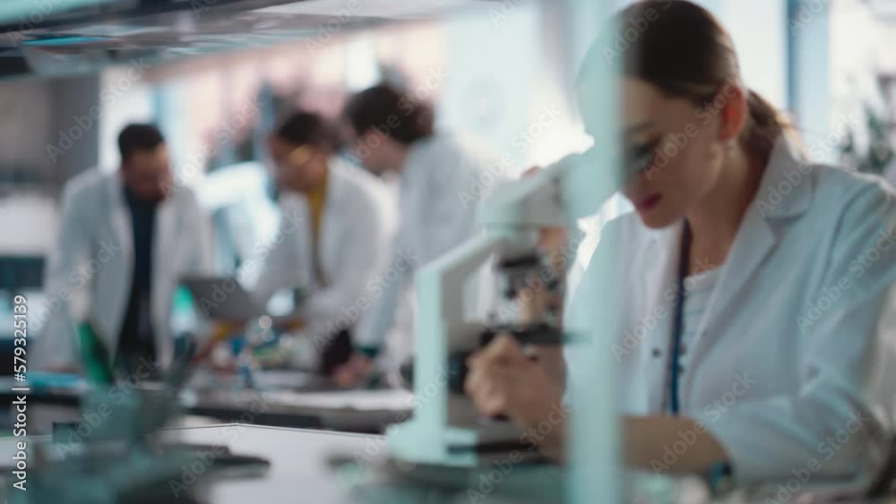 Poster Diverse Young Group of Engineers Working in a Startup Lab. Female Specialist Checking on Electronic Circuit Using Microscope While Team of Specialists Discuss Manufacturing Using Laptop Computer