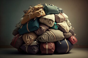 Many travelers' bags piled high. Idea for a trip. Generative AI