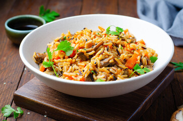 Wild Rice with Mushrooms, Asian Style Vegetarian Meal
