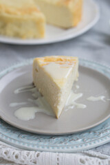 Homemade Cottage cheese cheesecake russian style zapekanka close up selective focus