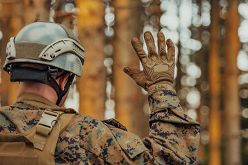 Modern warfare soldier officer is showing tactical hand signals to silently give orders and alers for squad team forest enviroment