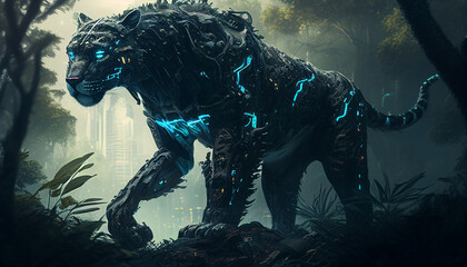 Cyber Jungle: Glowing Black Panther in a Digital Landscape, Cyberpunk Style. Generative Ai