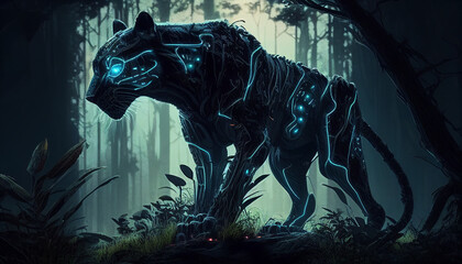 The Glowing Predator: Cyber Panther in a Neon Forest. Cyberpunk Style. Generative Ai