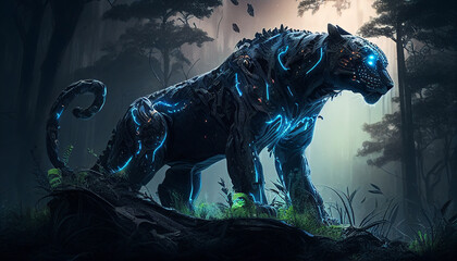 The Luminescent Panther: Cyberpunk Wildlife in the Forest. Generative Ai