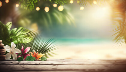 Close up wooden table on foreground and blurred tropical beach background with copy space. Outdoor nature backdrop. AI generative image.