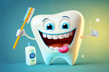 A cartoon character of a happy tooth, with a toothbrush and toothpaste. ai generative illustration