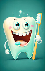 A cartoon character of a happy tooth, with a toothbrush and toothpaste. ai generative illustration