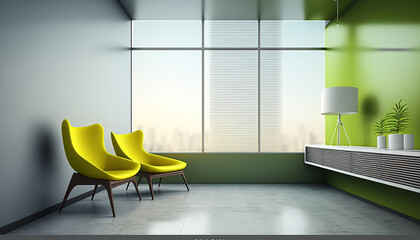 Modern minimal clinic waiting room hall interior indoor background. AI generative image.