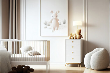 Modern bright white nursery room with toys for child as interior design illustration (Generative AI)