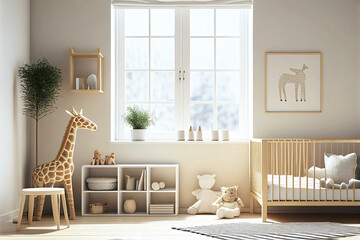 Modern bright white nursery room with toys for child as interior design illustration (Generative AI) - obrazy, fototapety, plakaty