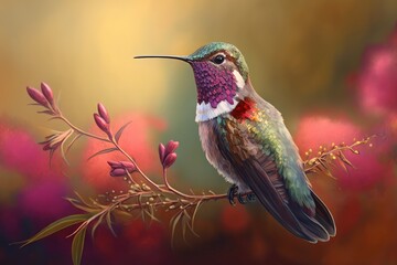 Hummingbird, Proud and Strutting Here, an Anna's Hummingbird strikes a posture while enjoying its nectar supplement. Its plumage features a variety of colors, including red, green, and deep brown. Bac