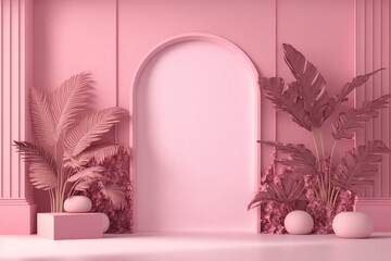 3d Minimal Pink wall Background with Palm leaf plants and Podium