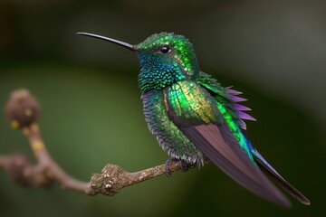 Located in Colombia, Ecuador, Peru, and Venezuela, this is a Lafresnaya lafresnayi, or Mountain Velvetbreast, a green hummingbird in the brilliants of the tribe Heliantheini and the subfamily Lesbii