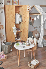 Nursery interior. Wooden toys in children's room